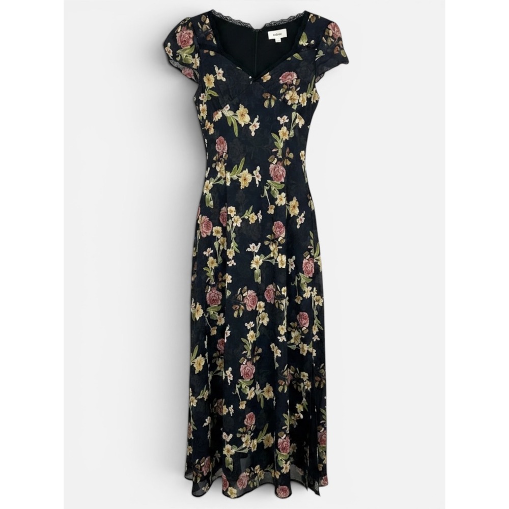 Bohme Floral Cap Sleeve Maxi Dress Navy Blue Lace Trim Sz S Feminine Coquette